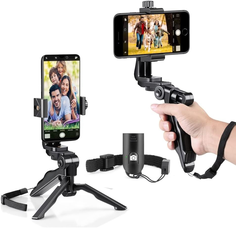 Mini Smartphone Tripod Grip Stabilizer, Desktop Tabletop Stand Tripod with Phone Holder and Wireless Remote, Fits for All iPhone and Android Smartphones