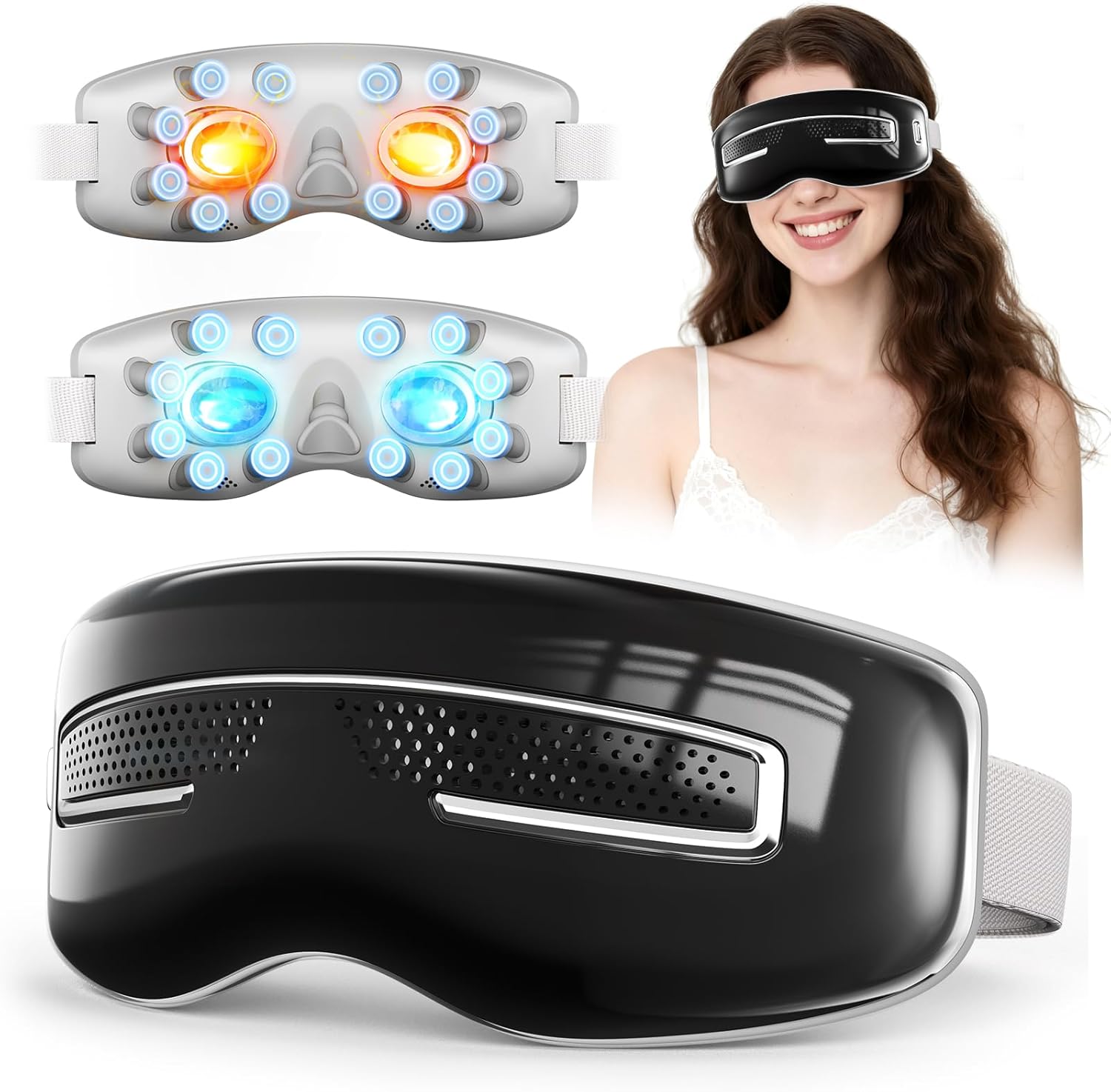 Eye Massager with Heat and Cooling, Integrated Smart Sleep Mask with Nose Rest and Soft Silicone Massage Head, 4 Massage Modes for Migraines, Dry Eye, Dark
