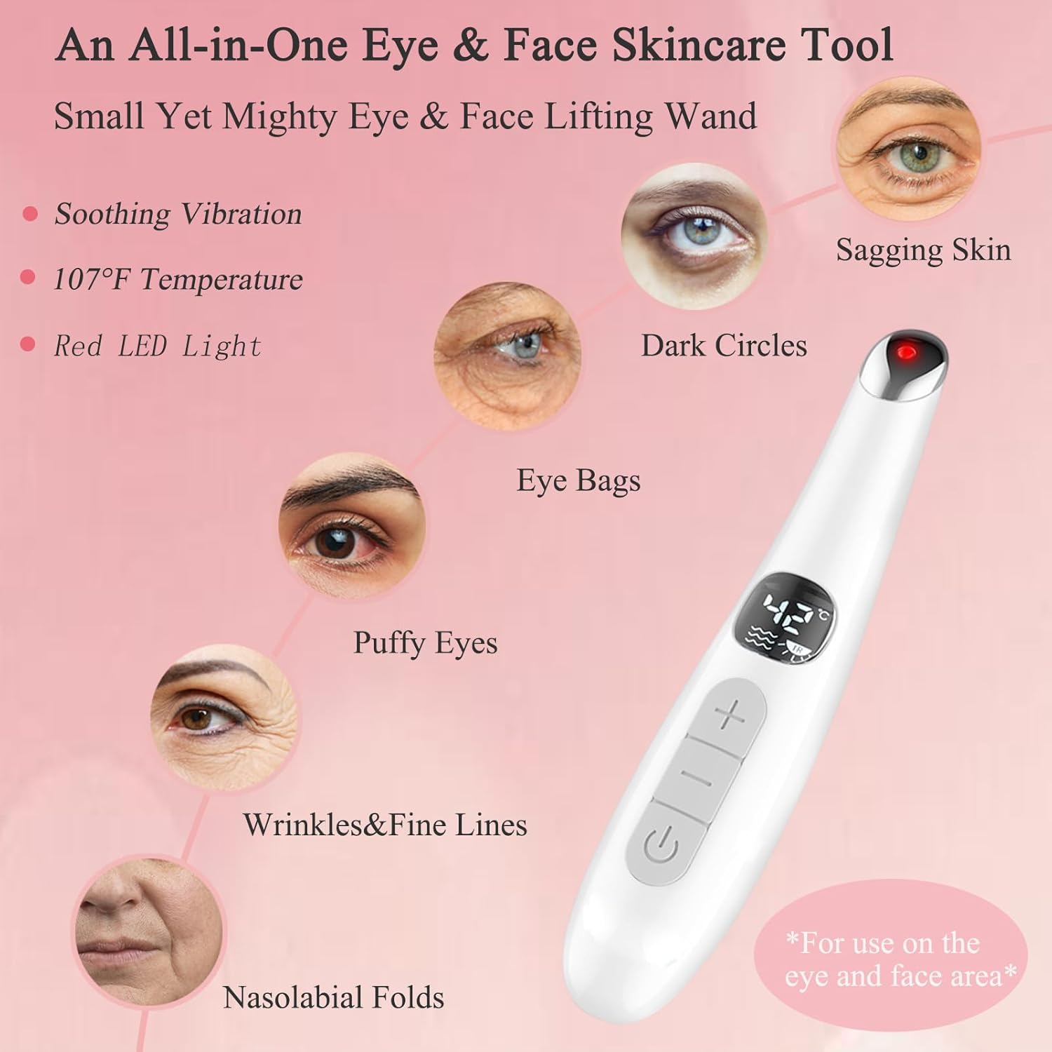 Eye Lift Wand, 3 in 1 Vibrating Red Light 98°F to 113°F LCD Display Eye Massager for Dry Eyes, Dark Circles and Puffiness, Electrical Face, Neck