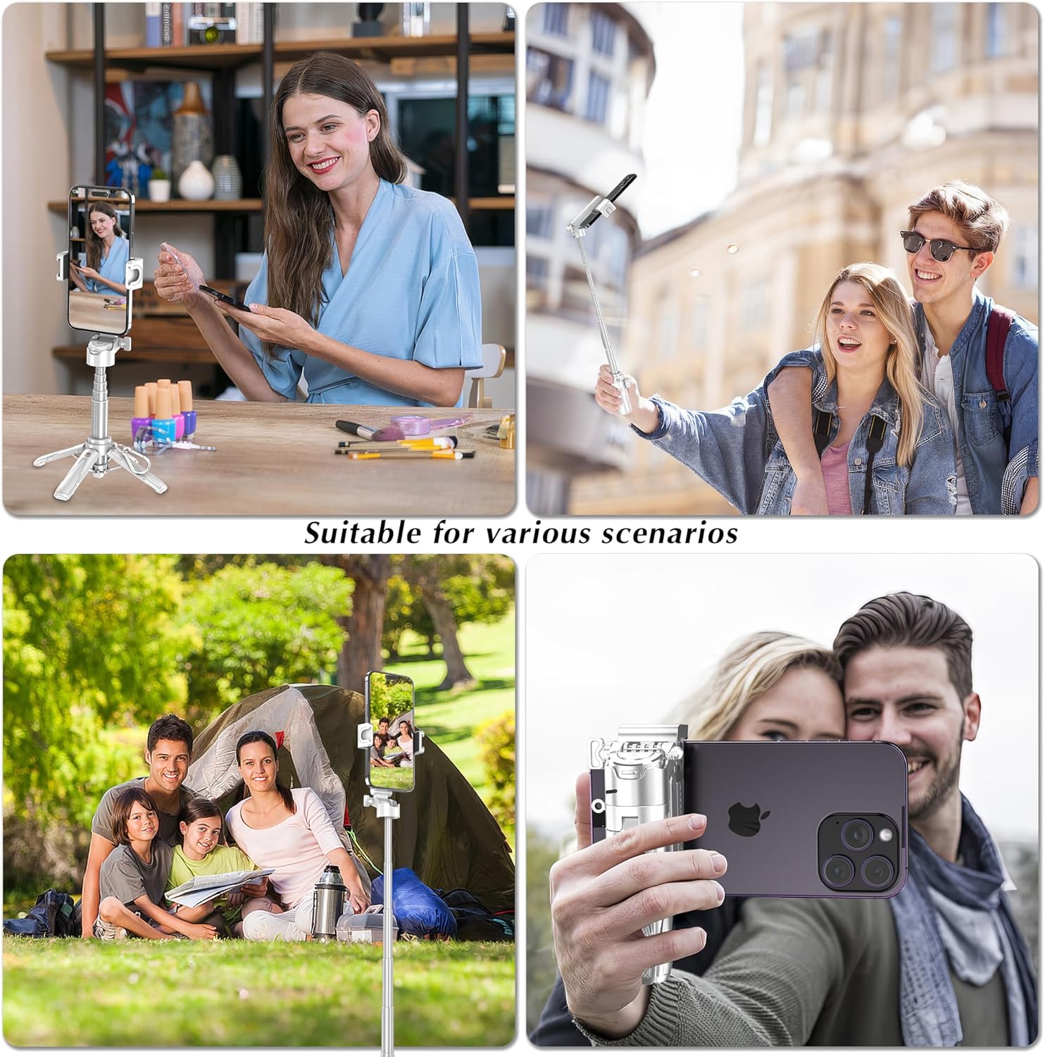 Mini Selfie Stick Tripod, 41.5cm Extendable Grip Phone Tripod with Detachable Remote Pocket Size, 4-in-1 Mini Phone Grip, 10m Wireless Shutter
