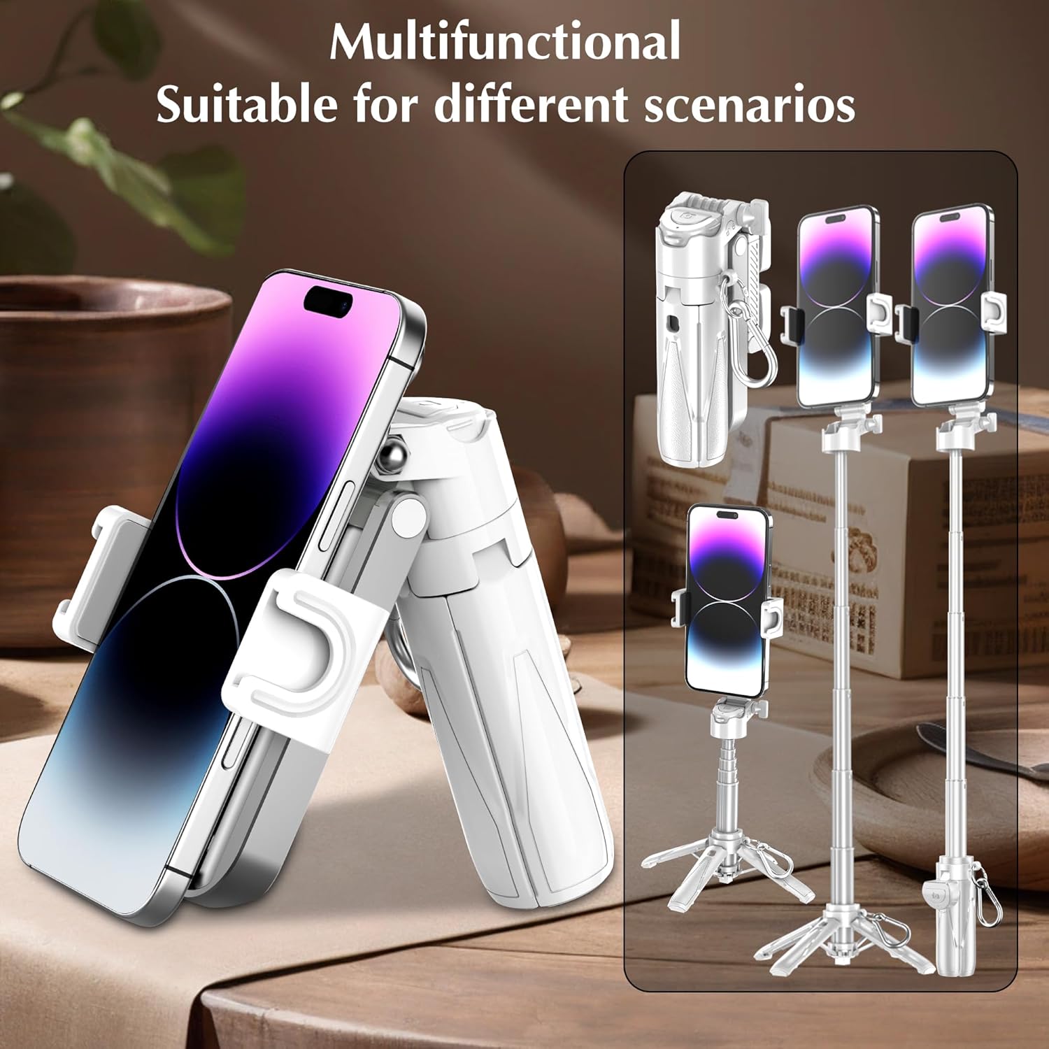 Mini Selfie Stick Tripod, 41.5cm Extendable Grip Phone Tripod with Detachable Remote Pocket Size, 4-in-1 Mini Phone Grip, 10m Wireless Shutter